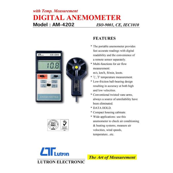 Máy đo tốc độ gió, nhiệt độ môi trường LUTRON AM-4202, Thiết bị đo gió và nhiệt độ môi trường LUTRON AM 4202, Lutron AM4202 Digital Anemometer With Temperature