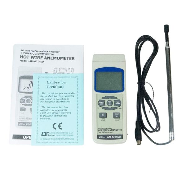 máy đo tốc độ gió có đầu dò dạng ống lồng mở rộng LUTRON AM-4214SD, máy đo tốc độ gió và nhiệt độ môi trường LUTRON AM 4214SD que đo kéo dài, LUTRON AM4214SD Anemometer with telescopic probe