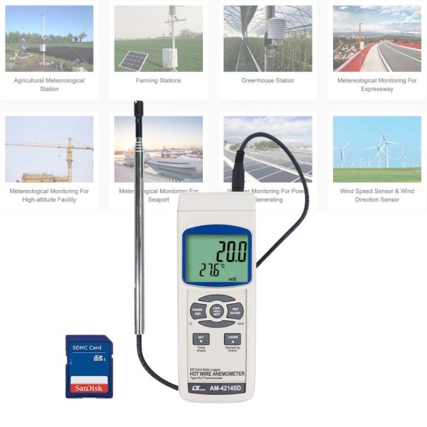 máy đo tốc độ gió có đầu dò dạng ống lồng mở rộng LUTRON AM-4214SD, máy đo tốc độ gió và nhiệt độ môi trường LUTRON AM 4214SD que đo kéo dài, LUTRON AM4214SD Anemometer with telescopic probe