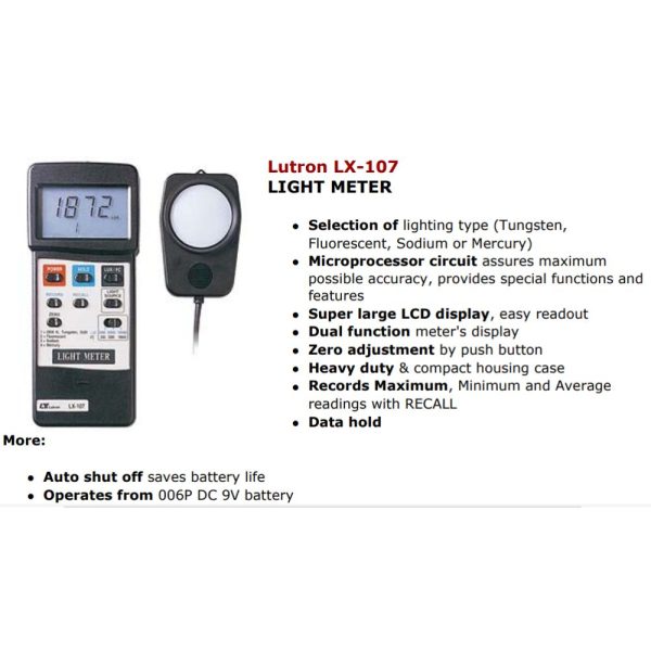 máy đo cường độ ánh sáng LUTRON LX-107, máy đo cường độ ánh sáng cảm biến rời LUTRON LX107, Lutron LX 107 Light Meter