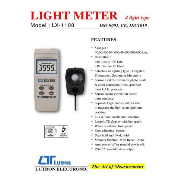 máy đo cường độ ánh sáng LUTRON LX-1108, máy đo sáng cảm biến rời LUTRON LX1108, Lutron LX-1108 Digital Light Meter