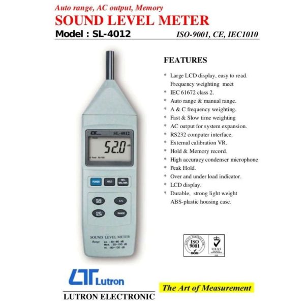 máy đo độ ồn LUTRON SL-4012, máy đo tiếng ồn tự động điều chỉnh dải đo LUTRON SL4012, Lutron SL-4012 Sound Level Meter