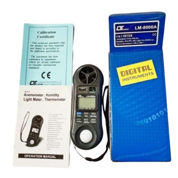 Máy đo vi khí hậu LUTRON LM-8000A cầm tay (4 trong 1), máy đo nhiệt độ, tốc độ gió, ánh sáng, độ ẩm LUTRON LM 8000A, LUTRON LM8000A Anemometer-Thermometer-Humidity-Light Meter