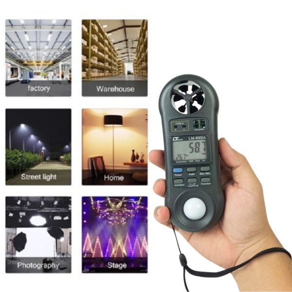 Máy đo vi khí hậu LUTRON LM-8000A cầm tay (4 trong 1), máy đo nhiệt độ, tốc độ gió, ánh sáng, độ ẩm LUTRON LM 8000A, LUTRON LM8000A Anemometer-Thermometer-Humidity-Light Meter