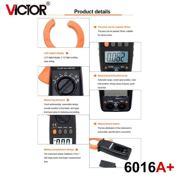 Ampe kìm VICTOR 6016A+, Ampe kìm tự động chọn dải đo VICTOR 6016A Plus Clamp meter, VICTOR-6016A+ Digital Clamp Multimeter