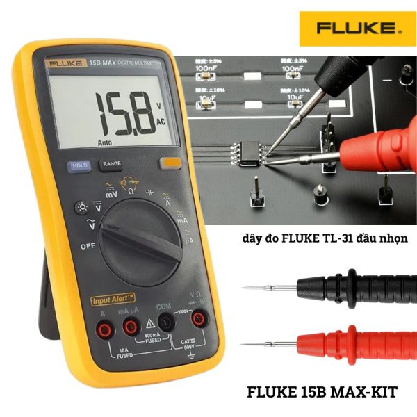 Combo đồng hồ vạn năng FLUKE 15B MAX-KIT, bộ đồng hồ VOM FLUKE 15B MAX-KIT kèm dây đo, Combo FLUKE 15B MAX-KIT Digital Multimeter
