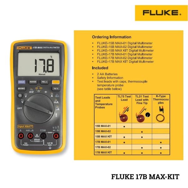 Combo đồng hồ vạn năng FLUKE 17B MAX-KIT, bộ đồng hồ VOM FLUKE 17B MAX-KIT kèm dây đo, Combo FLUKE 17B MAX-KIT Digital Multimeter