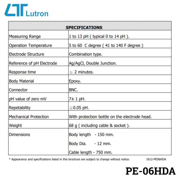 Đầu dò pH đất và thực phẩm LUTRON PE-06HDA đâm xuyên, điện cực pH đầu nhọn LUTRON PE-06HDA, LUTRON PE-06HDA Spear Tip Soil pH Electrode