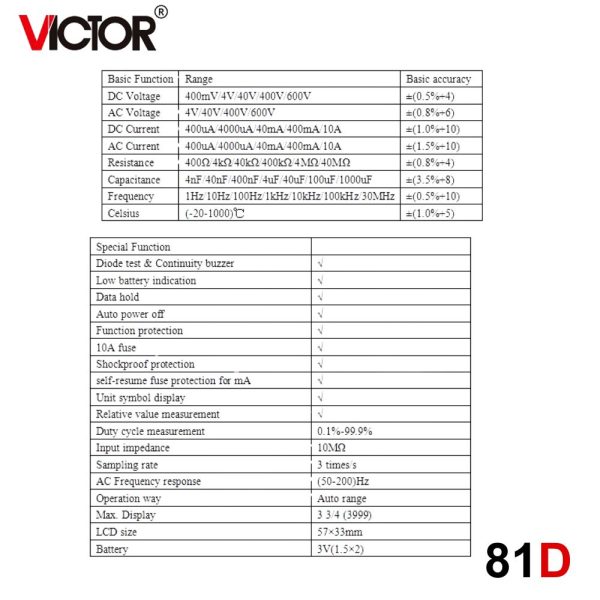 đồng hồ vạn năng VICTOR 81D True-RMS tự động chọn thang đo (Auto Range), đồng hồ vạn năng điện tử VICTOR-81D (Yitensen-81D), VICTOR 81D Multimeter