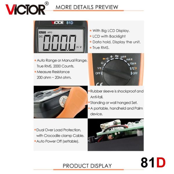 đồng hồ vạn năng VICTOR 81D True-RMS tự động chọn thang đo (Auto Range), đồng hồ vạn năng điện tử VICTOR-81D (Yitensen-81D), VICTOR 81D Multimeter