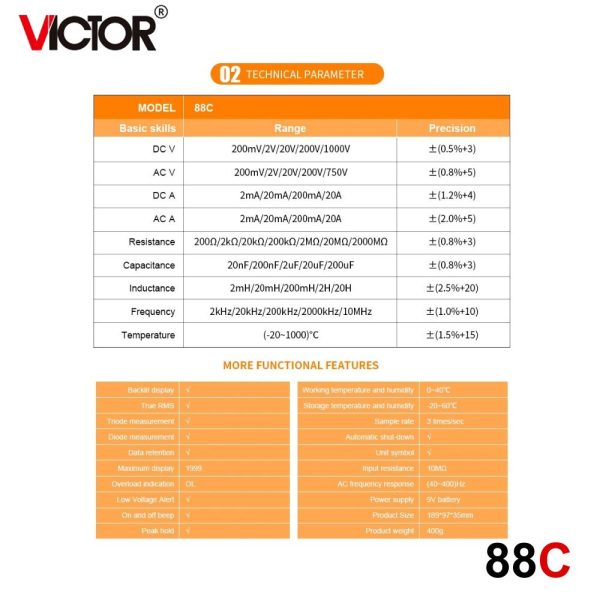đồng hồ vạn năng VICTOR 88C True-RMS, đồng hồ vạn năng giá rẻ VICTOR-88C (Yitensen-88C), VICTOR 88C Multimeter