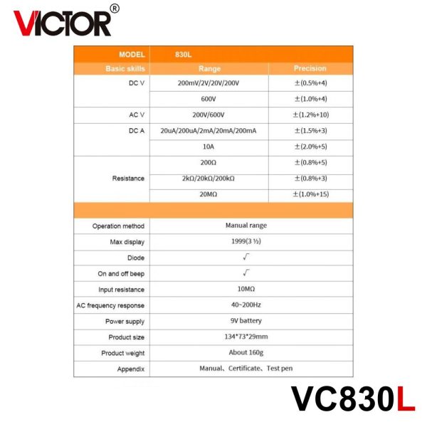 đồng hồ vạn năng VICTOR VC830L, đồng hồ vạn năng giá rẻ VICTOR VC 830L kỹ thuật số, VICTOR VC830L Digital Multimeter
