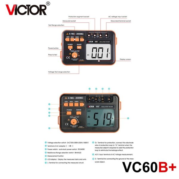 Máy đo điện trở cách điện VICTOR VC60B+, máy kiểm tra điện trở cách điện kỹ thuật số VICTOR VC60B plus, VICTOR VC60B+ digital insulation tester