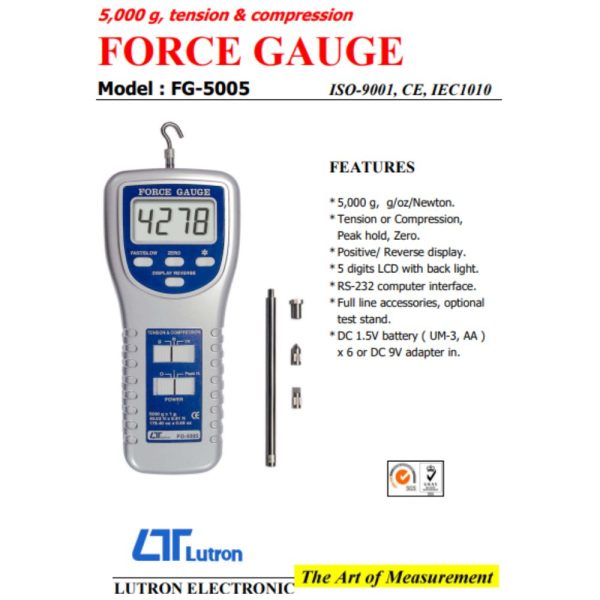Máy đo lực kéo và nén LUTRON FG-5005 (5Kg), máy đo lực kéo và lực nén LUTRON FG 5005, LUTRON FG-5005 Force Gauge