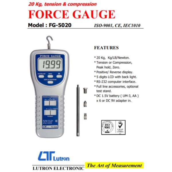 máy đo lực kéo LUTRON FG-5020, máy đo lực kéo và lực nén LUTRON FG 5020, LUTRON FG-5020 Force Gauge