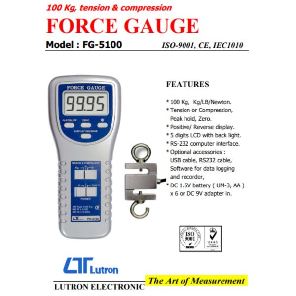Máy đo lực kéo LUTRON FG-5100 (100Kg), máy đo lực kéo và lực nén LUTRON FG 5100, LUTRON FG-5100 Force Gauge