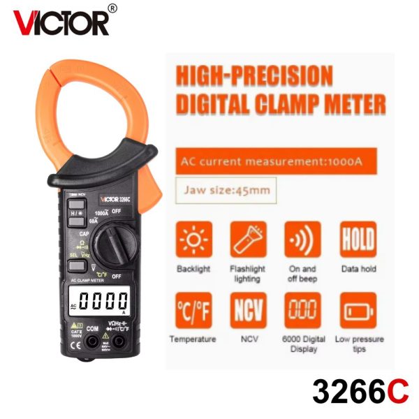 Ampe kìm cỡ lớn VICTOR 3266C kỹ thuật số đo dòng AC 1000A, Ampe kìm loại lớn VICTOR-3266C, VICTOR 3266C Large Caliber Digital Clamp Meter