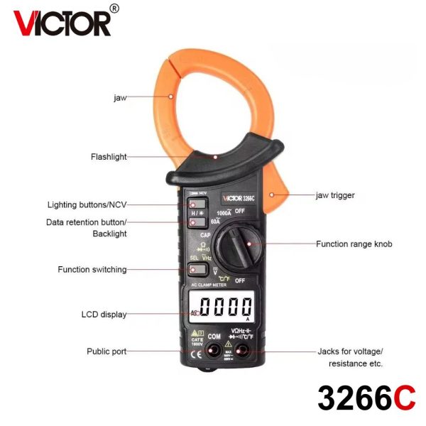 Ampe kìm cỡ lớn VICTOR 3266C kỹ thuật số đo dòng AC 1000A, Ampe kìm loại lớn VICTOR-3266C, VICTOR 3266C Large Caliber Digital Clamp Meter