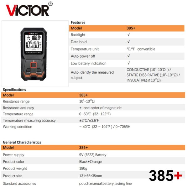 Máy đo điện trở bề mặt VICTOR 385+ (RuoShui 385+), thiết bị kiểm tra điện trở bề mặt VICTOR 385+, VICTOR 385 + Surface Resistance Meter