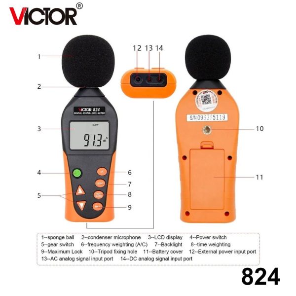 Máy đo độ ồn VICTOR 824 kỹ thuật số cầm tay, thiết bị đo âm thanh VICTOR-824, VICTOR 824 Digital Sound Level Meter