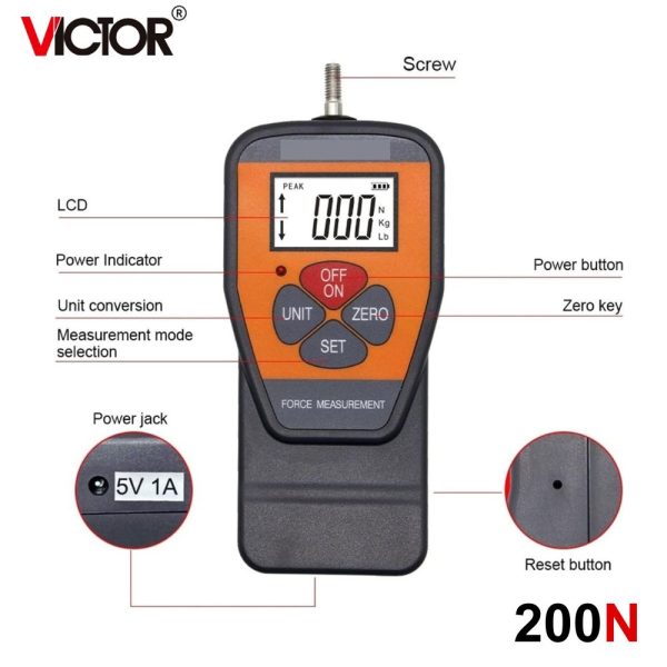 Máy đo lực kéo và nén VICTOR 200N (20kg), máy đo lực căng và lực đẩy VICTOR-200N kỹ thuật số cầm tay, VICTOR 200N Digital Force Gauge