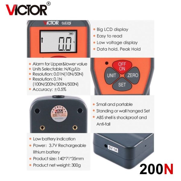 Máy đo lực kéo và nén VICTOR 200N (20kg), máy đo lực căng và lực đẩy VICTOR-200N kỹ thuật số cầm tay, VICTOR 200N Digital Force Gauge