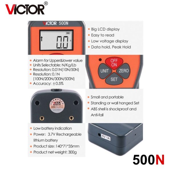 Máy đo lực kéo và nén VICTOR 500N (50kg), máy đo lực VICTOR-500N, VICTOR 500N Digital Force Gauge