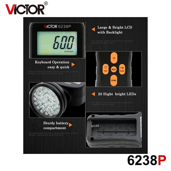 Máy đo tốc độ vòng quay VICTOR 6238P Stroboscope đèn chớp, đèn Stroboscope đo tốc độ vòng quay VICTOR 6238P, VICTOR-6238P Digital Stroboscope Tachometer
