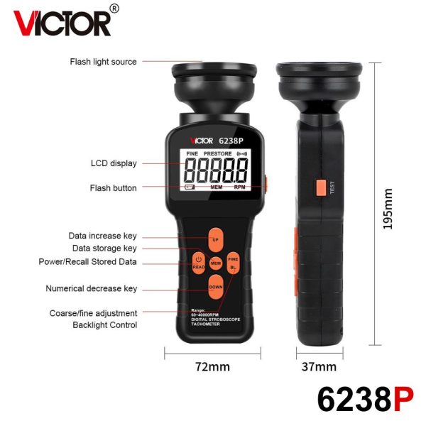 Máy đo tốc độ vòng quay VICTOR 6238P Stroboscope đèn chớp, đèn Stroboscope đo tốc độ vòng quay VICTOR 6238P, VICTOR-6238P Digital Stroboscope Tachometer