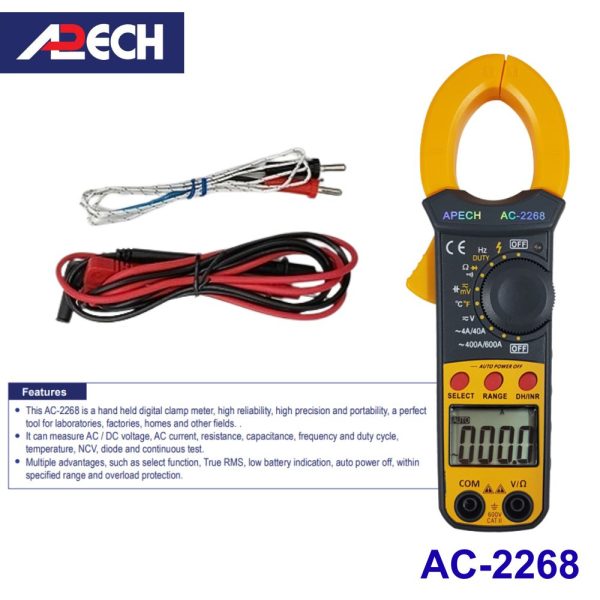 Ampe kìm APECH AC-2268 True-RMS đo dòng AC (600A), Ampe kìm giá rẻ APECH AC2268 True RMS, APECH AC 2268 True-RMS Digital Clamp Meter