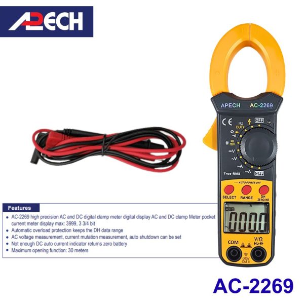 Ampe kìm APECH AC-2269 True-RMS đo dòng AC/DC (600A), Ampe kìm AC/DC APECH AC2269 True RMS, APECH AC 2269 True-RMS Digital Clamp Meter