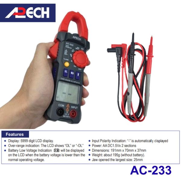 Ampe kìm APECH AC-233 True-RMS đo dòng AC (600A), Ampe kìm AC APECH AC233 True-RMS, APECH AC 233 True-RMS Digital Clamp Meter