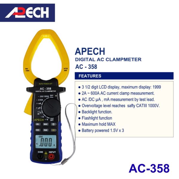 Ampe kìm APECH AC-358 đo dòng AC (1000A), Ampe kìm giá rẻ APECH AC358, APECH AC-358 Digital AC Clamp Meter