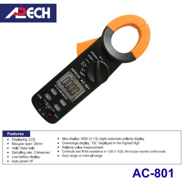 Ampe kìm APECH AC-801 đo dòng AC (600A), Ampe kìm giá rẻ APECH AC801, APECH AC 801 Digital Clamp Meter