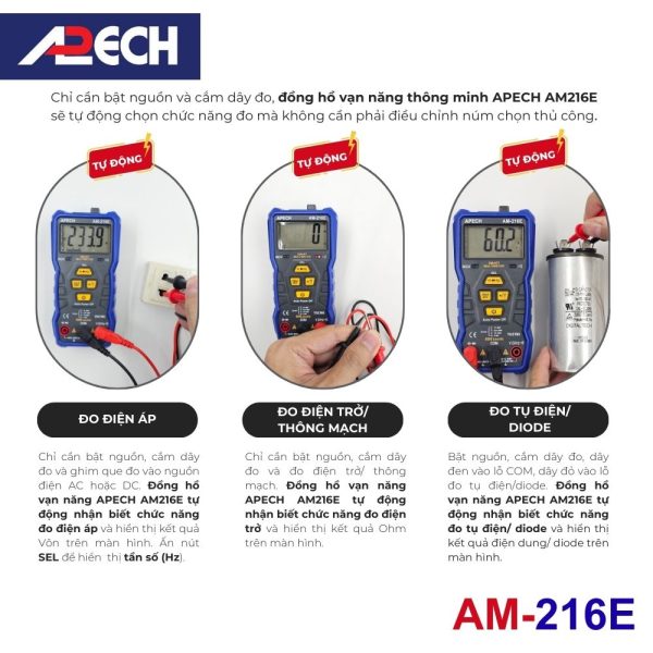 Đồng hồ vạn năng APECH AM-216E True-RMS đo điện AC/DC, đồng hồ vạn năng thông minh APECH AM216E TrueRMS, APECH AM-216E True-RMS Digital Multimeter