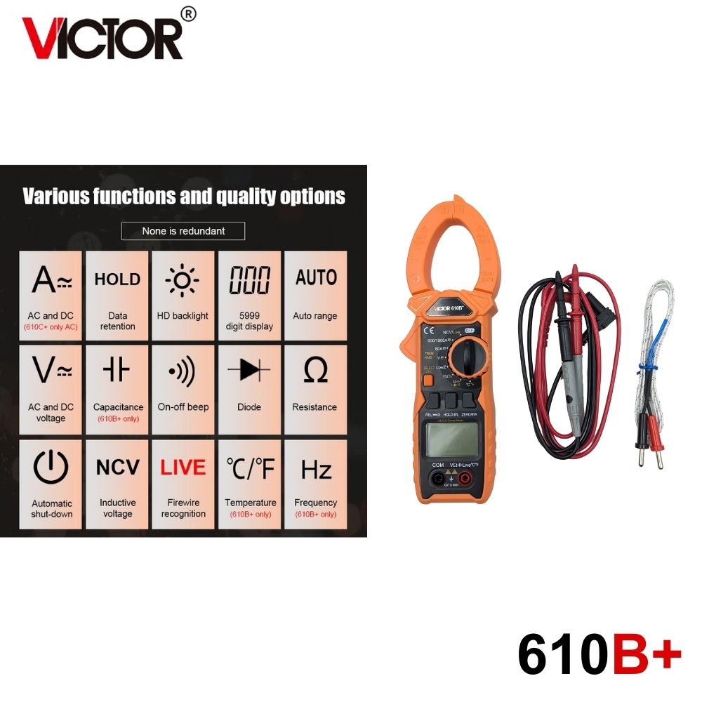 Ampe kìm Victor 610B+ True-RMS đo điện AC/DC Ampe kìm Victor 610B+ True-RMS đo điện AC/DC, đồng hồ Ampe kìm AC/DC Victor 610B+ TrueRMS, Victor 610B plus True RMS Clamp Meter