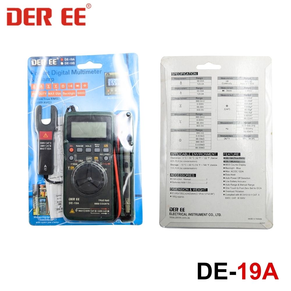 Đồng hồ vạn năng bỏ túi DEREE DE-19A True-RMS Đồng hồ vạn năng bỏ túi DEREE DE-19A True-RMS, đồng hồ VOM bỏ túi DEREE DE19A True-RMS, DEREE DE 19A Pocket Multimeter & Clamp