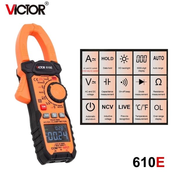 Ampe kìm Victor 610E True-RMS đo điện AC/DC, Ampe kìm hiện số Victor 610E, Victor 610E True RMS Clamp Meter