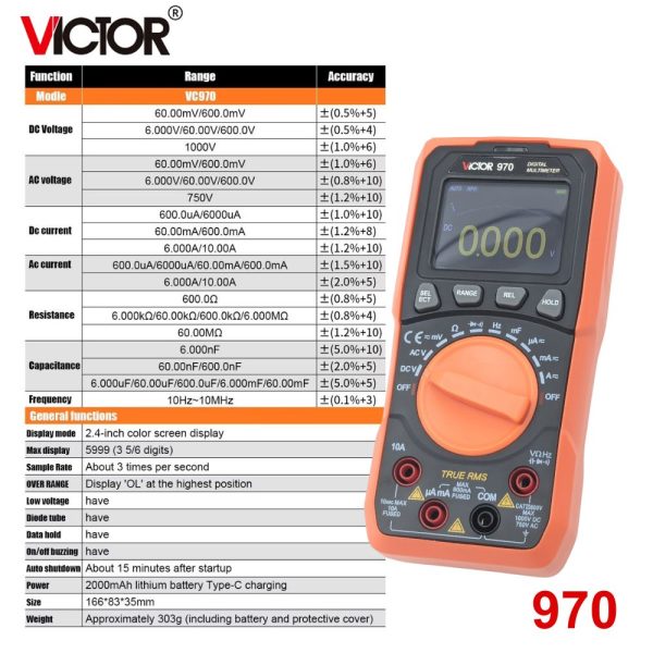 đồng hồ vạn năng VICTOR 970 True-RMS đo điện AC/DC, đồng hồ VOM VICTOR-970 True RMS, VICTOR 970 Digital Multimeter